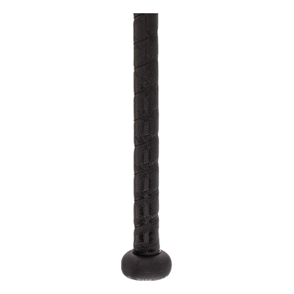 Close-up of a black baseball bat grip with a textured spiral pattern and a black knob.
