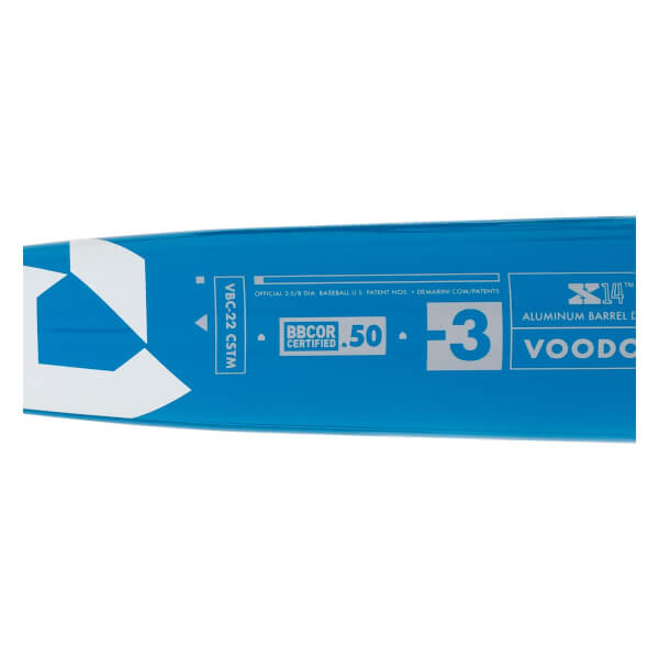Side view of a blue baseball bat with VBC-22 CSTM, BBCOR CERTIFIED .50, and VOODOO branding.