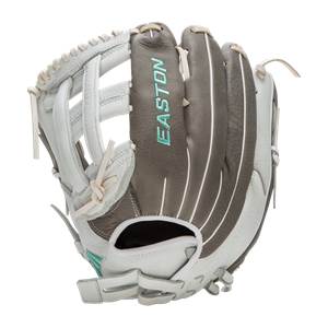 Front angled view of a white and dark gray glove with a teal EASTON logo on the finger and white lacing.