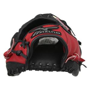Top-down view of a red and black baseball glove with Mizuno logo and stitched palm.