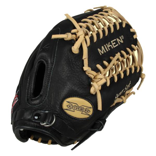 Side view of a black baseball glove with tan lacing and Miken branding.