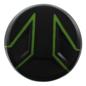 Top-down view of a black baseball bat end cap with green angular accents.