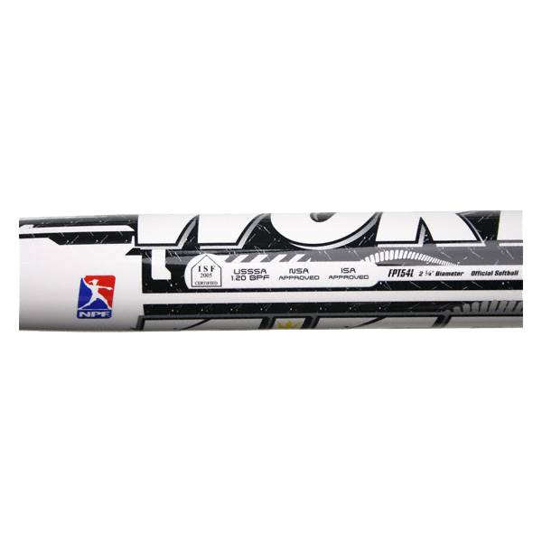 Side view of a white and black softball bat with TITAN logo, ISF, USSSA, NSA, ISA certifications, and FPT54L model number.