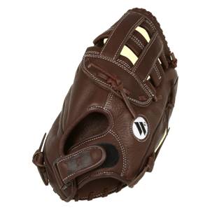 Top-down view of a brown softball glove with white stitching and a W logo.