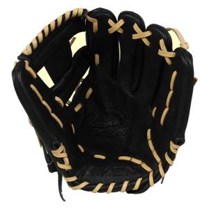 Inside view of a black baseball glove with tan lacing and MIKEN text.