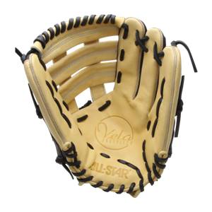 Inside view of a tan fastpitch glove with black lacing and Vela FASTPITCH and ALL-STAR branding.