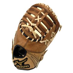 Top-down view of a brown baseball glove with tan lacing and a Mizuno logo.