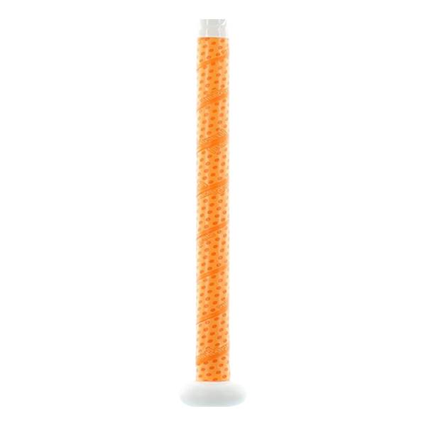 Close-up of an orange baseball bat grip with a dotted pattern and white end cap.