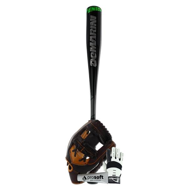 Front view of a black DeMarini baseball bat with a green end cap, a brown baseball glove, and a white batting glove.