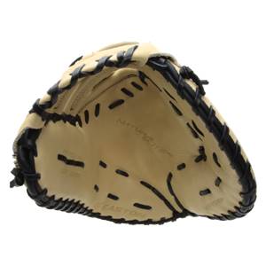 Top-down view of a tan Easton Natural Elite Fastpitch Series first base mitt with black lacing and PROFESSIONAL SOFT LEATHER text.