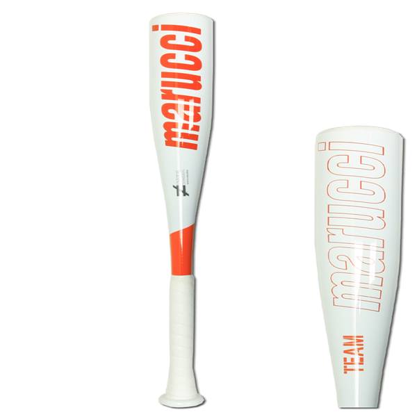 Front view of a white baseball bat with orange Marucci branding and white grip.