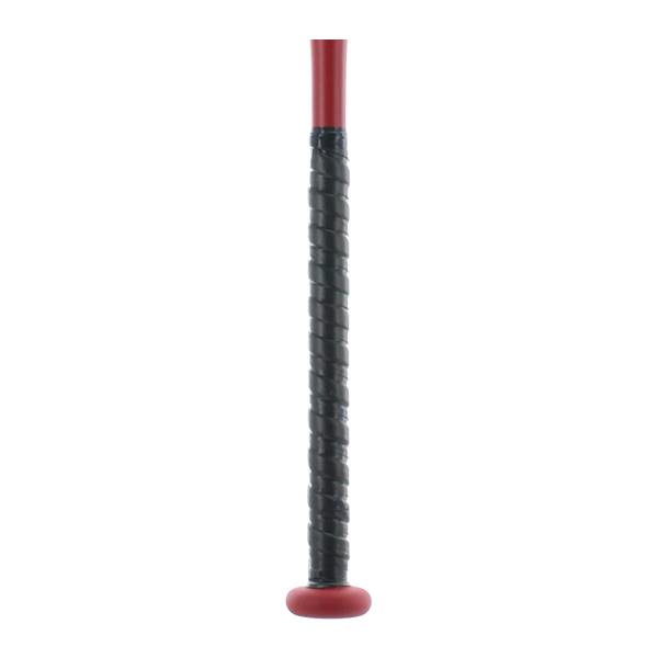 Close-up of a red fastpitch softball bat with a black spiral grip and red end cap.
