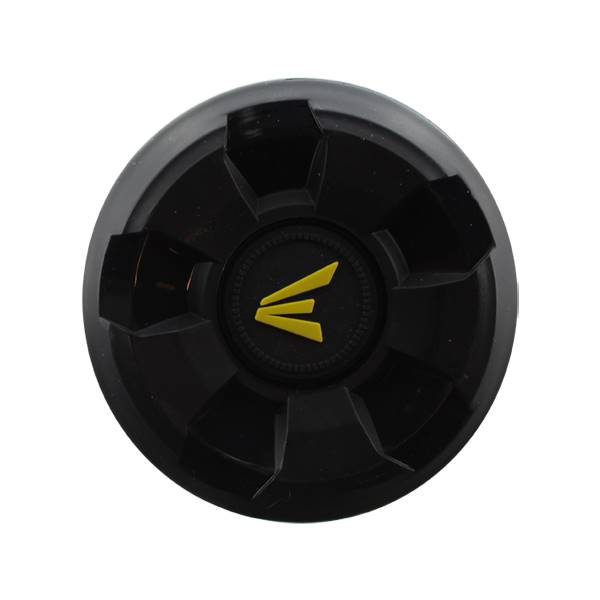 Top-down view of a black baseball bat end cap with a yellow Easton logo.