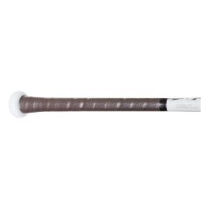 Side view of a white baseball bat with a brown perforated grip and black end cap.