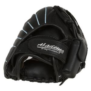 Corner view of a black baseball glove with light blue stitching and Akadema professional branding.