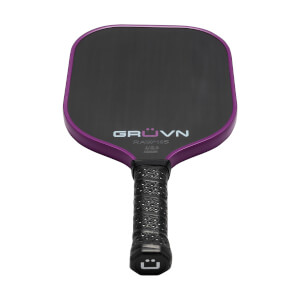 Front view of a purple pickleball paddle with GRUVN RAW-16S USA branding and a textured grip.