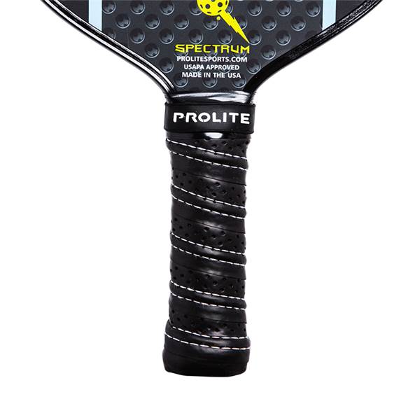 Close-up of a black pickleball paddle grip with white stitching and PROLITE branding.
