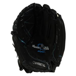 Interior view of a black fastpitch glove with blue stitching, Monica Abbott logo, and WORTH text.