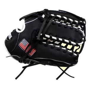 Side view of a black baseball glove with white lacing and two American flag patches.