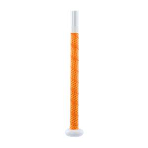 Side view of an orange softball bat with a white end cap and textured grip.