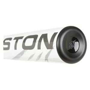 End view of a white softball bat with black EASTON text and a black end cap with a logo.