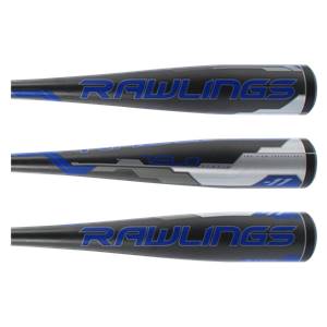 Side view of a black Rawlings VELO baseball bat with blue accents and -11 marking.