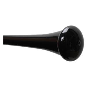 Side view of a black baseball bat with a rounded knob.