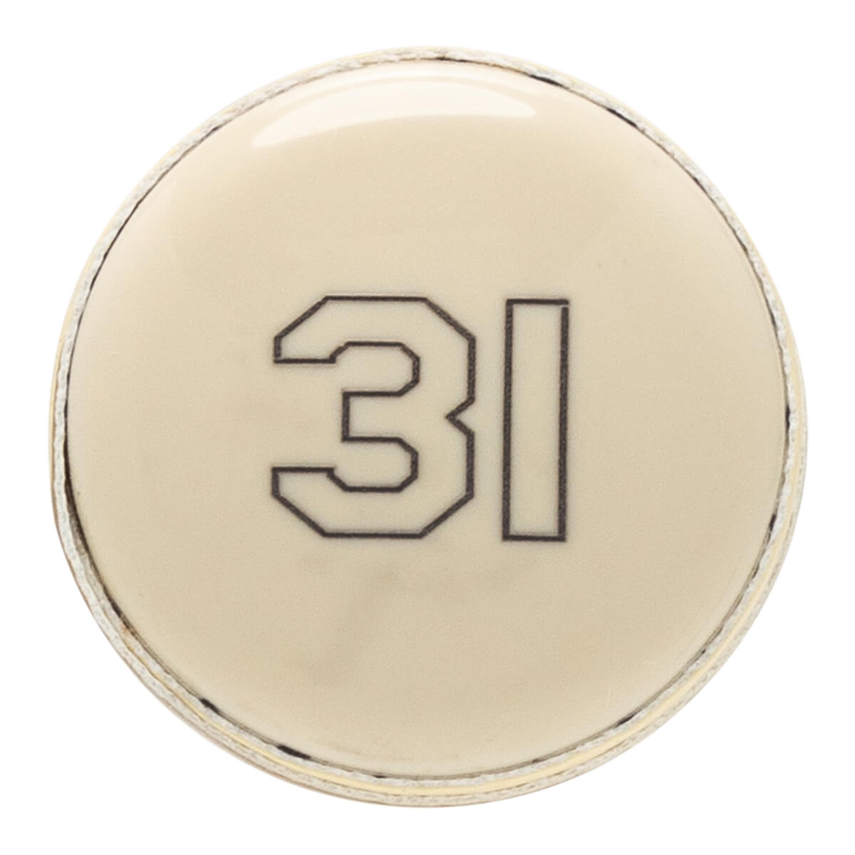 Top-down close-up of a cream baseball bat end cap with black outline numbers 31 on a smooth, glossy surface.