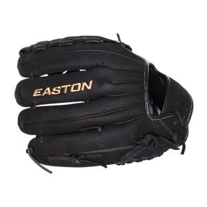 Front view of a black Easton glove with gold lettering and white stitching.