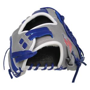 Front view of a gray and blue baseball glove with white trim and an American flag patch.