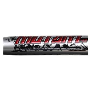 Side view of a silver baseball bat with red MUTANT lettering and approval logos.
