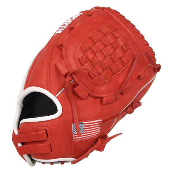 Side view of a scarlet red baseball glove with a woven pocket and American flag detail.