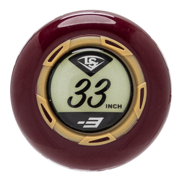 End view of a maroon baseball bat with a light green insert showing LS logo, 33 INCH, and -3.