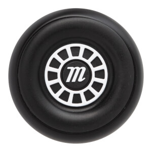 End view of a black baseball bat with a white circular logo featuring a lowercase m.