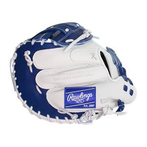 Side view of a white and blue catchers mitt with Rawlings logo and The Gold Glove Co. text.