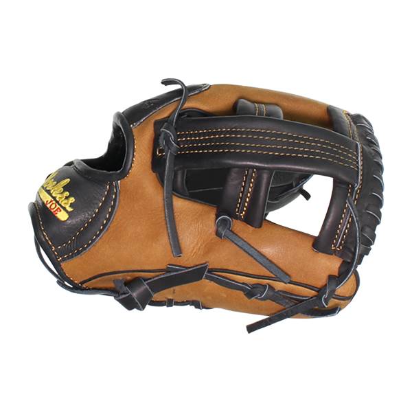 Side view of a tan and black baseball glove with Shoeless Joe branding and stitched details.