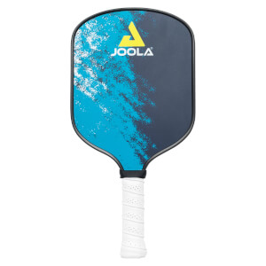 Front view of a blue and gray JOOLA pickleball paddle with a yellow triangular logo and white perforated grip.