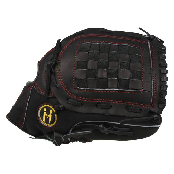 Side view of a black baseball glove with red stitching and a woven pocket.