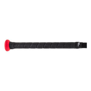 Close-up side view of a black and red softball bat handle with a textured black grip, a red knob, and a black band with white text.
