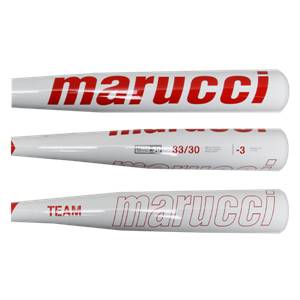 Three views of a white Marucci baseball bat with red lettering and 33/30 -3 markings.