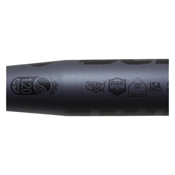 Close-up of a gray slow pitch softball bat with BPF 1.20, USSSA, NSA 2012, ASA, ISF 2005, and ISA Approved logos.