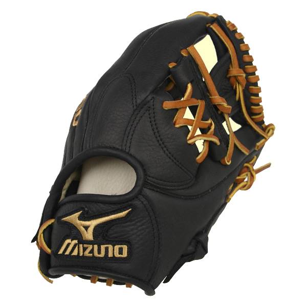 Side view of a black baseball glove with tan lacing and a gold Mizuno logo.