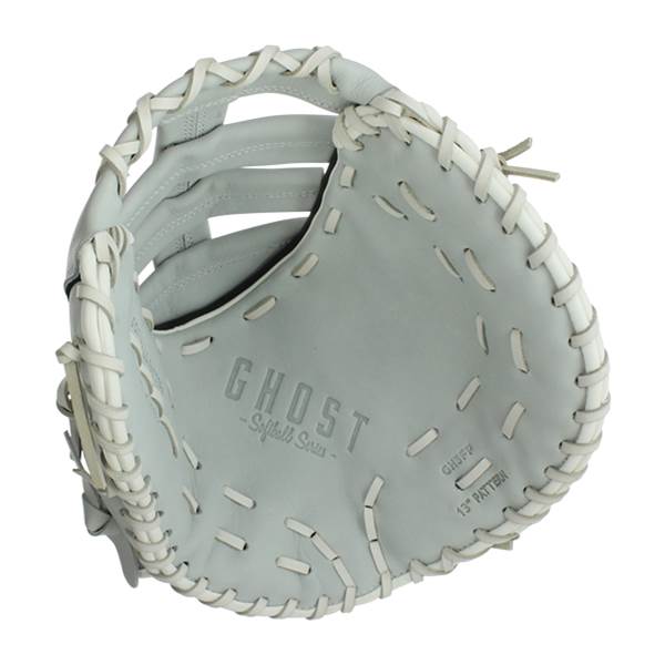 Top-down view of a grey fastpitch first base mitt with white lacing and GHOST - Softball Series text.