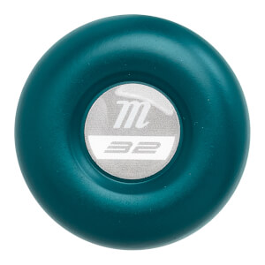 Top-down view of a teal baseball bat with a silver end cap featuring an m logo and 32.