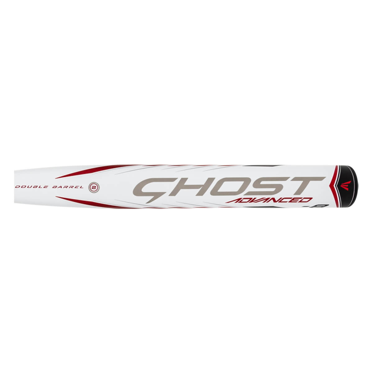 Side view of a white Easton Ghost Advanced fastpitch softball bat with red accents and GHOST ADVANCED text.