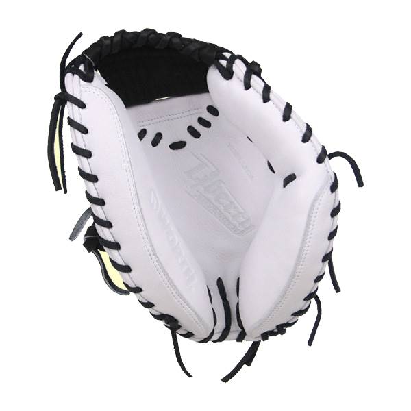 Top-down view of a white catchers mitt with black lacing and a debossed logo.