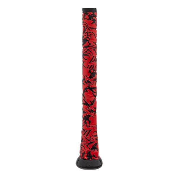 Side view of a red baseball bat grip with black tribal patterns and a black end cap.