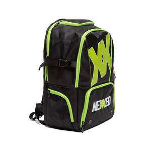 Front view of a black backpack with neon green trim, a large neon green logo, and NEXXED text.