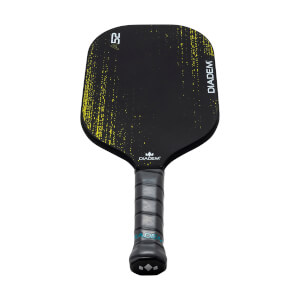 Front view of a black pickleball paddle with yellow speckle design, A52 and DIADEM text.