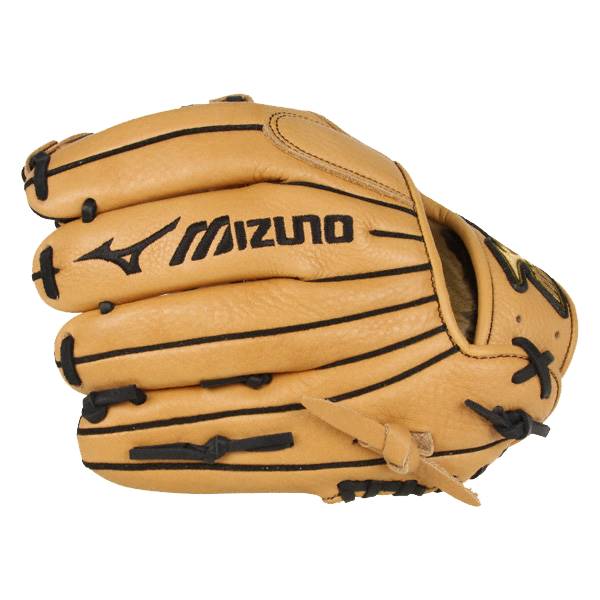 Side view of a tan baseball glove with black stitching and the Mizuno logo.